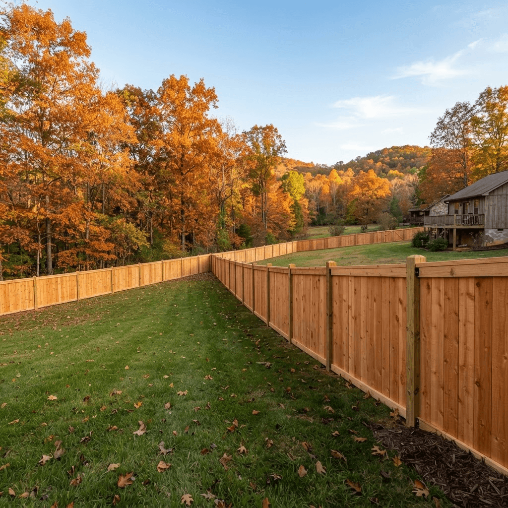 Freshly installed cedar wood privacy fence in a backyard surrounded by autumn foliage in North Alabama