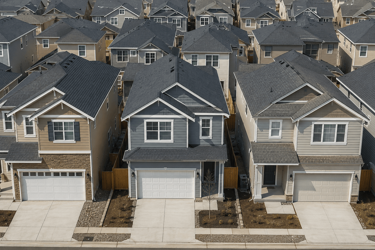 Aerial view of a densely packed new-construction subdivision with closely spaced homes and small backyards