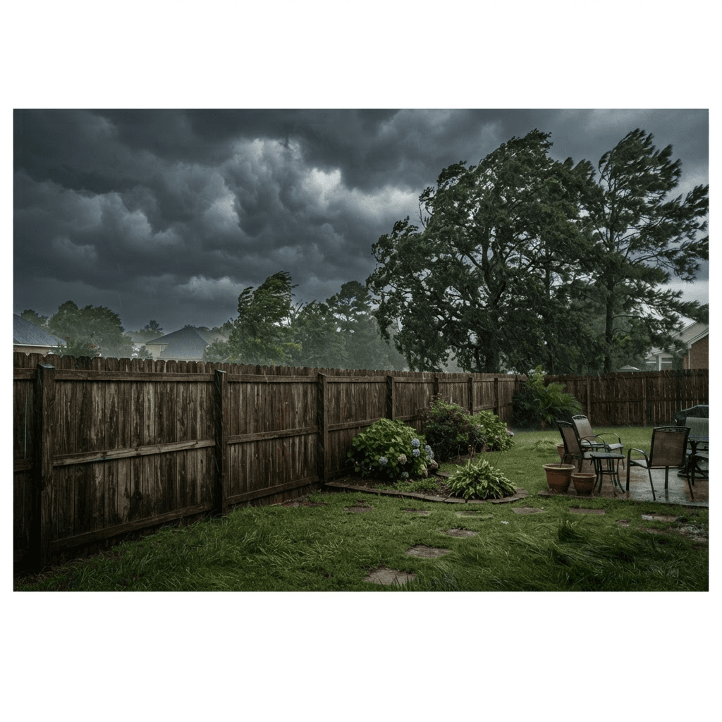 Wood privacy fence in a backyard as dark storm clouds gather and wind bends nearby trees in North Alabama
