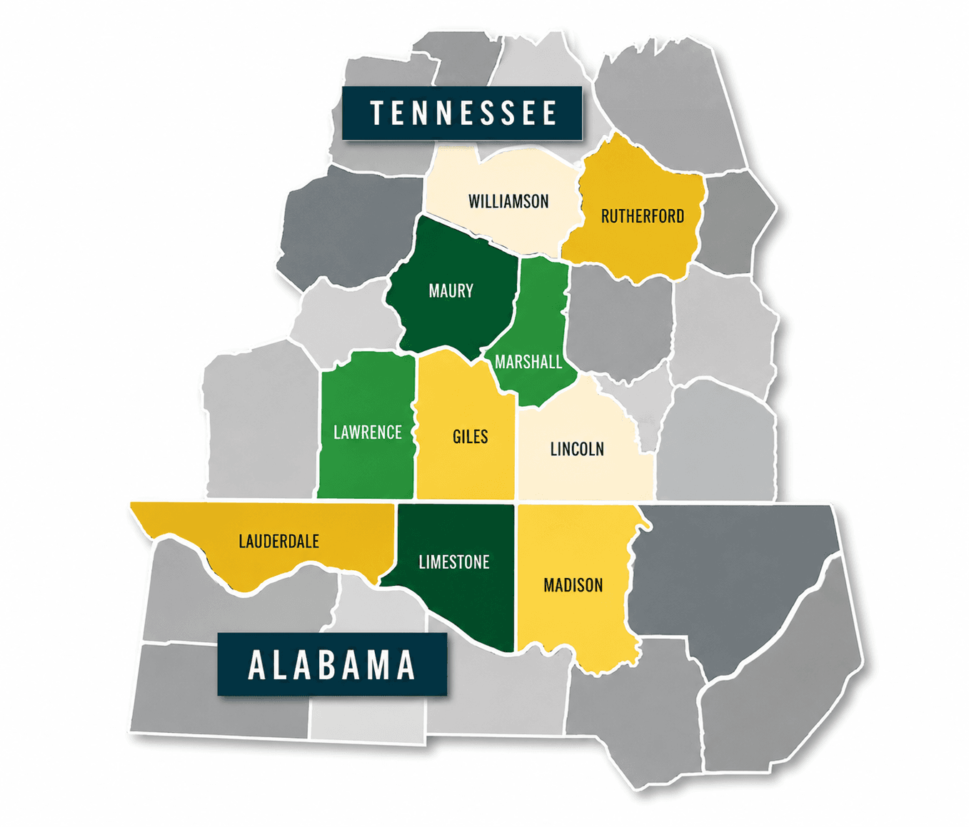 Map of the Sands Fence Co. service area highlighting counties in Middle Tennessee and North Alabama, including Williamson, Rutherford, Maury, Marshall, Lawrence, Giles, Lincoln, Lauderdale, Limestone, and Madison