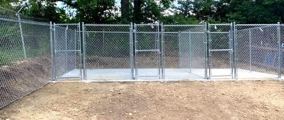 Photo of outdoor chain link animal cages with a concrete slab flooring. The enclosed gated cagess are surrounded by a chainlink area of exposed ground to form a courtyard.