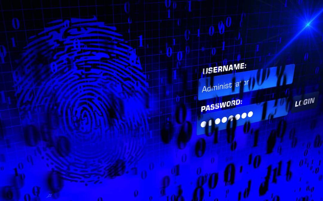 graphic of thumbprint with sign that says Username: adiminstrator and Password: and Login button