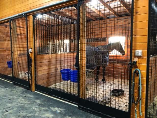 Photo of metal gate with metal electric fence framed with wood posts and rails